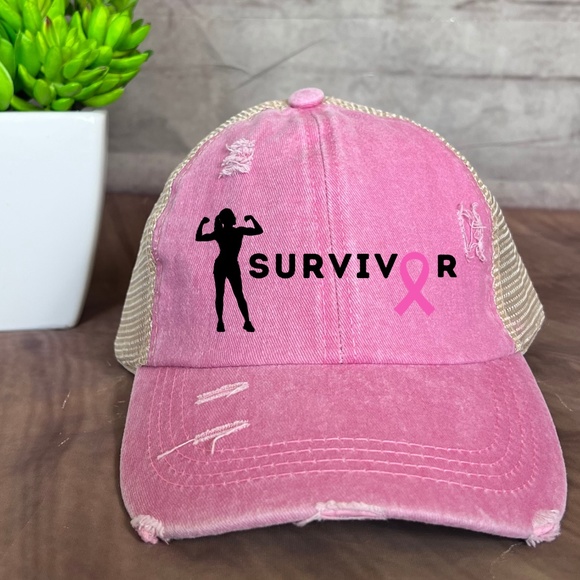 Distressed Vintage Ponytail, High Messy Bun Trucker Baseball Hat Breast Cancer - Picture 1 of 3